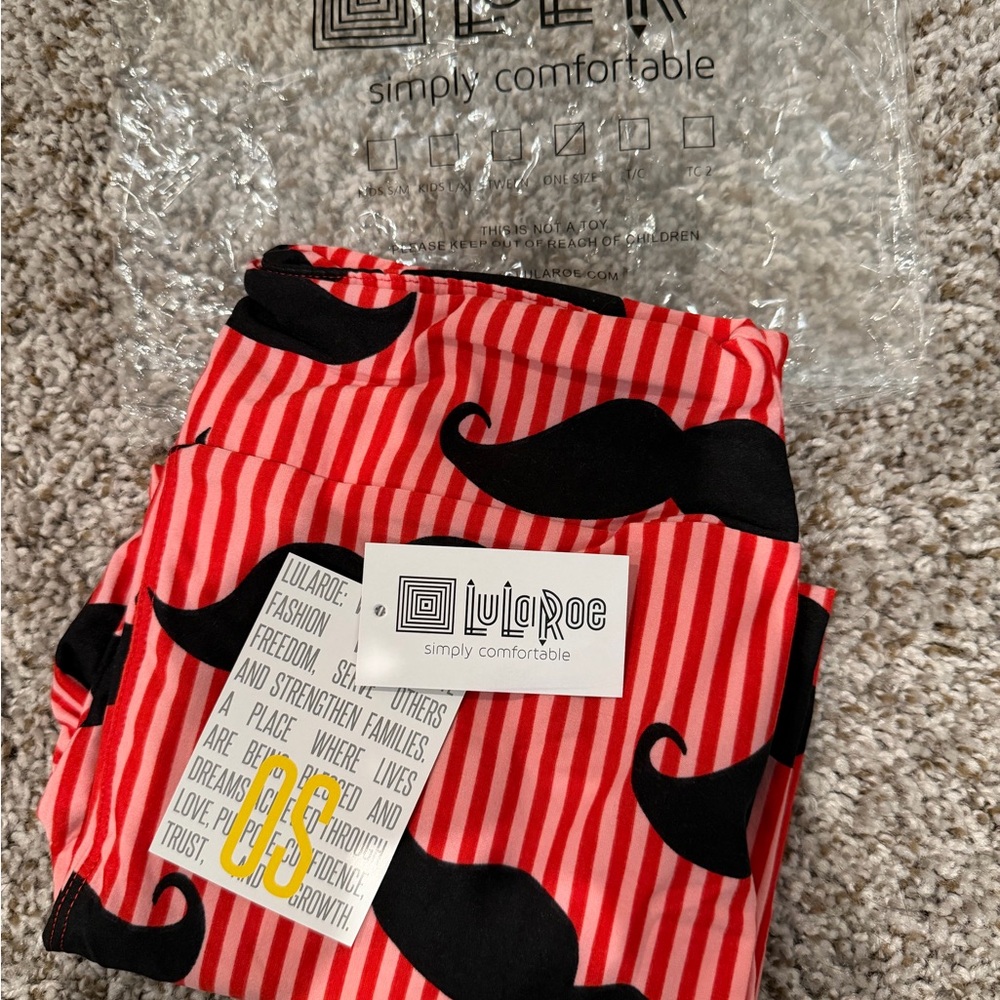 LuLaRoe Kids Red and Black Striped Mustache Leggings